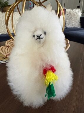 Fluffy White Alpaca Plush with Colorful Tassels